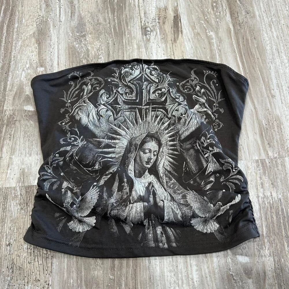 Romwe Women's gray y2k goth grunge Virgin Mary rhinestone embellished graphic tu